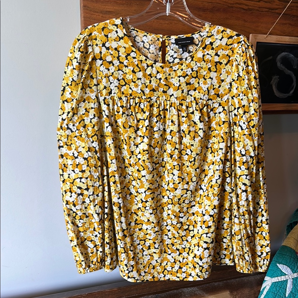 Who What Wear Yellow and Brown Smocked Long Sleeve Blouse
